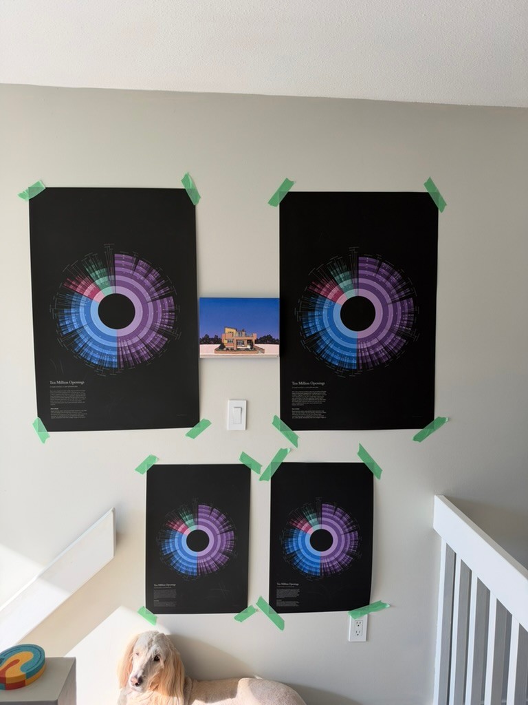 Four test prints of the poster taped to a wall with green painter's tape, two large on top and two small below, with a dog lying underneath